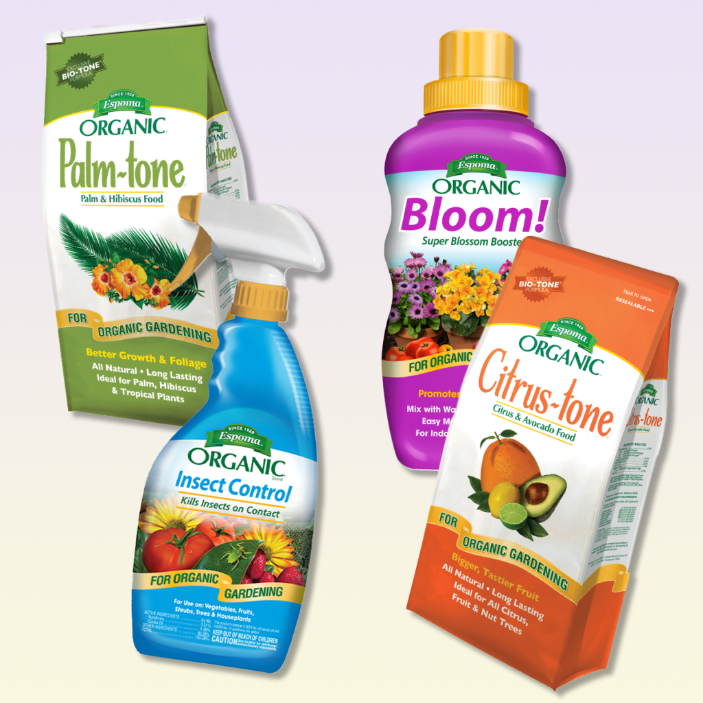 image of 4 espoma organic products: palm-tone, insect control, bloom, and citrus-tone. 