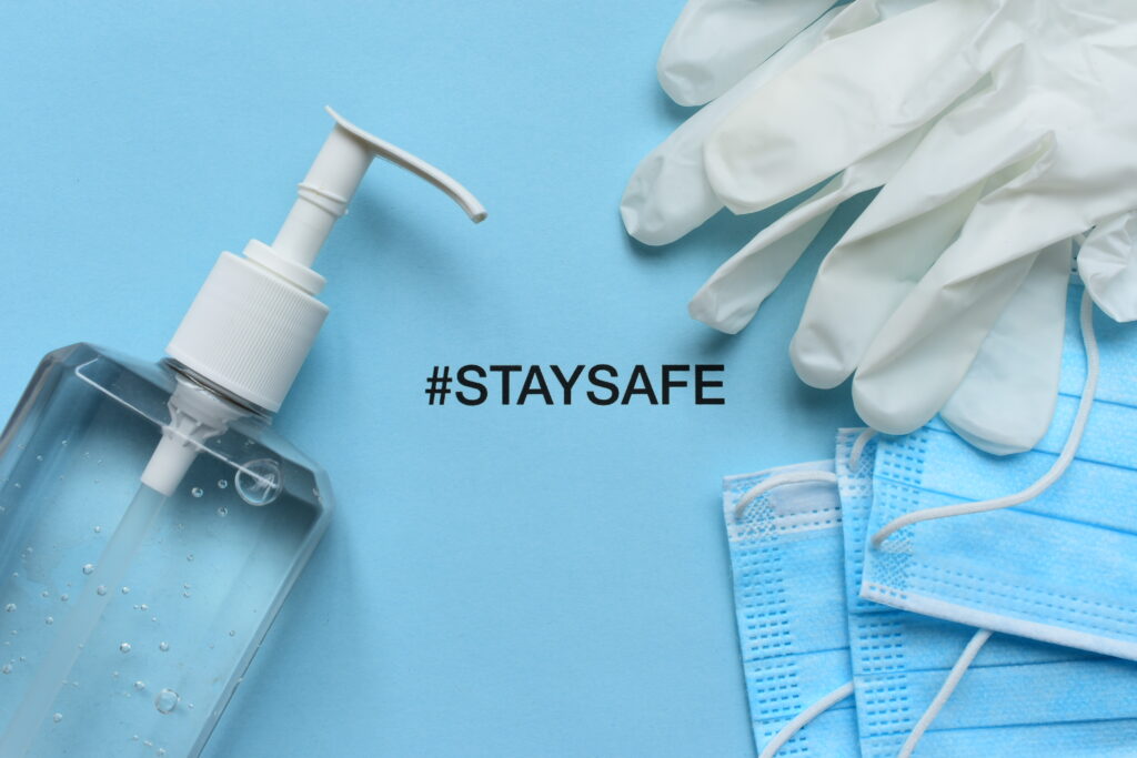hand sanitizer, mask, and gloves are a blue background with #staystafe